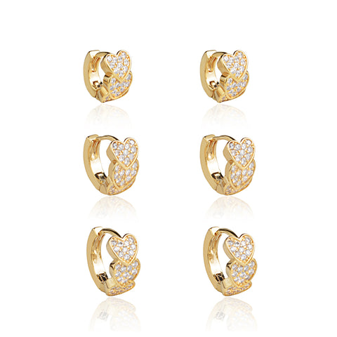 Brinco Trio de Argolas Coração e Zircônias Gold 18K