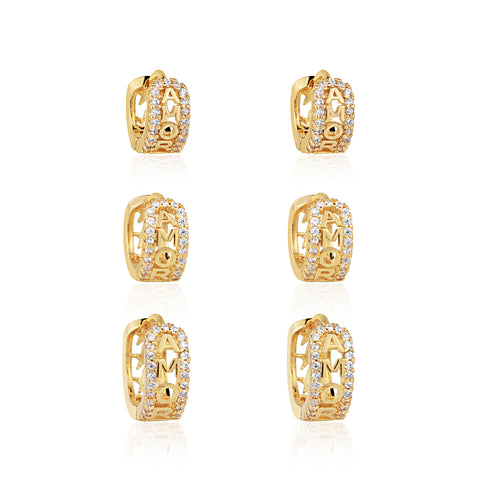 Brinco Trio Argola Amor Zircônia Gold 18K