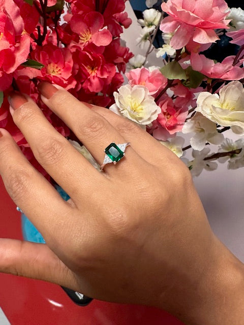 Anel Prata 925 Formatura Esmeralda Verde Zircônia Feminino