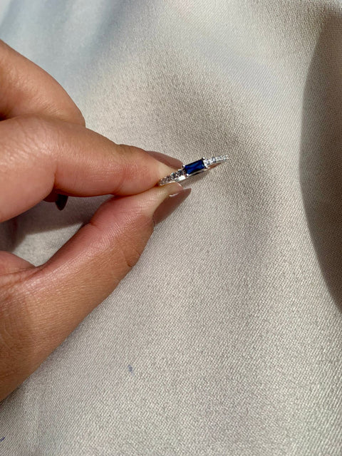 Anel Prata 925 Meia Aliança Solitário Safira Azul Feminino