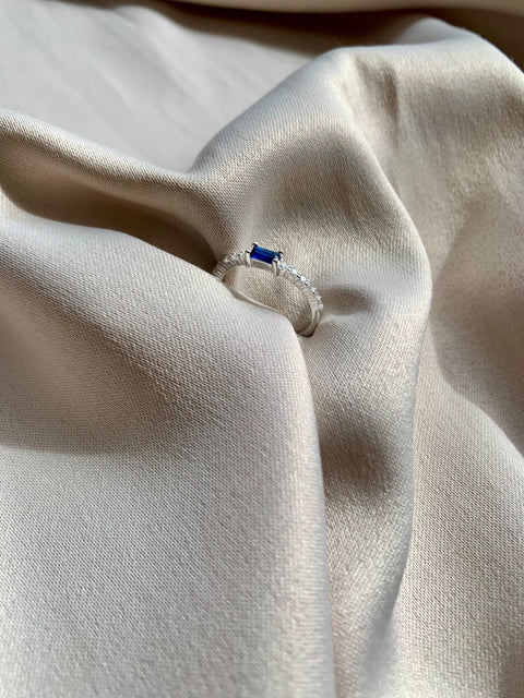 Anel Prata 925 Meia Aliança Solitário Safira Azul Feminino