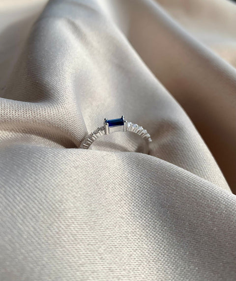 Anel Prata 925 Meia Aliança Solitário Safira Azul Feminino