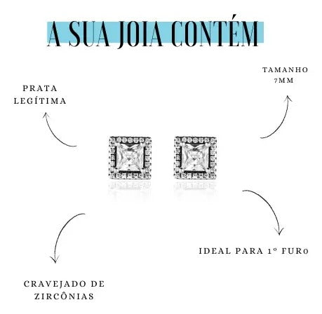 Brinco Feminino em Prata 925 quadrado com Pedras em Zirconia