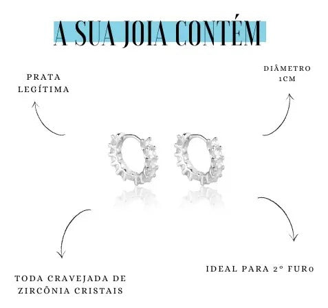 Brinco Argola Prata de Lei 925 1º ou 2º Furo Luxo Zircônias