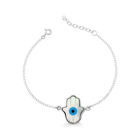 Pulseira de Prata Mão de Fátima em Madrepérola