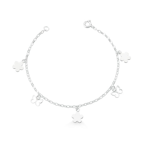 Pulseira de Prata Pingentes Flores e Borboletas