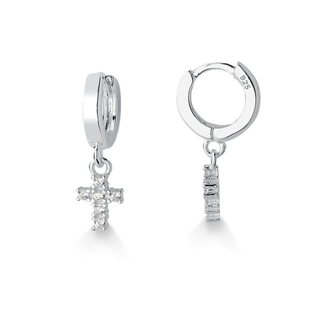 Brinco de Prata Argola com Pingente de Cruz em Zircônia 10mm